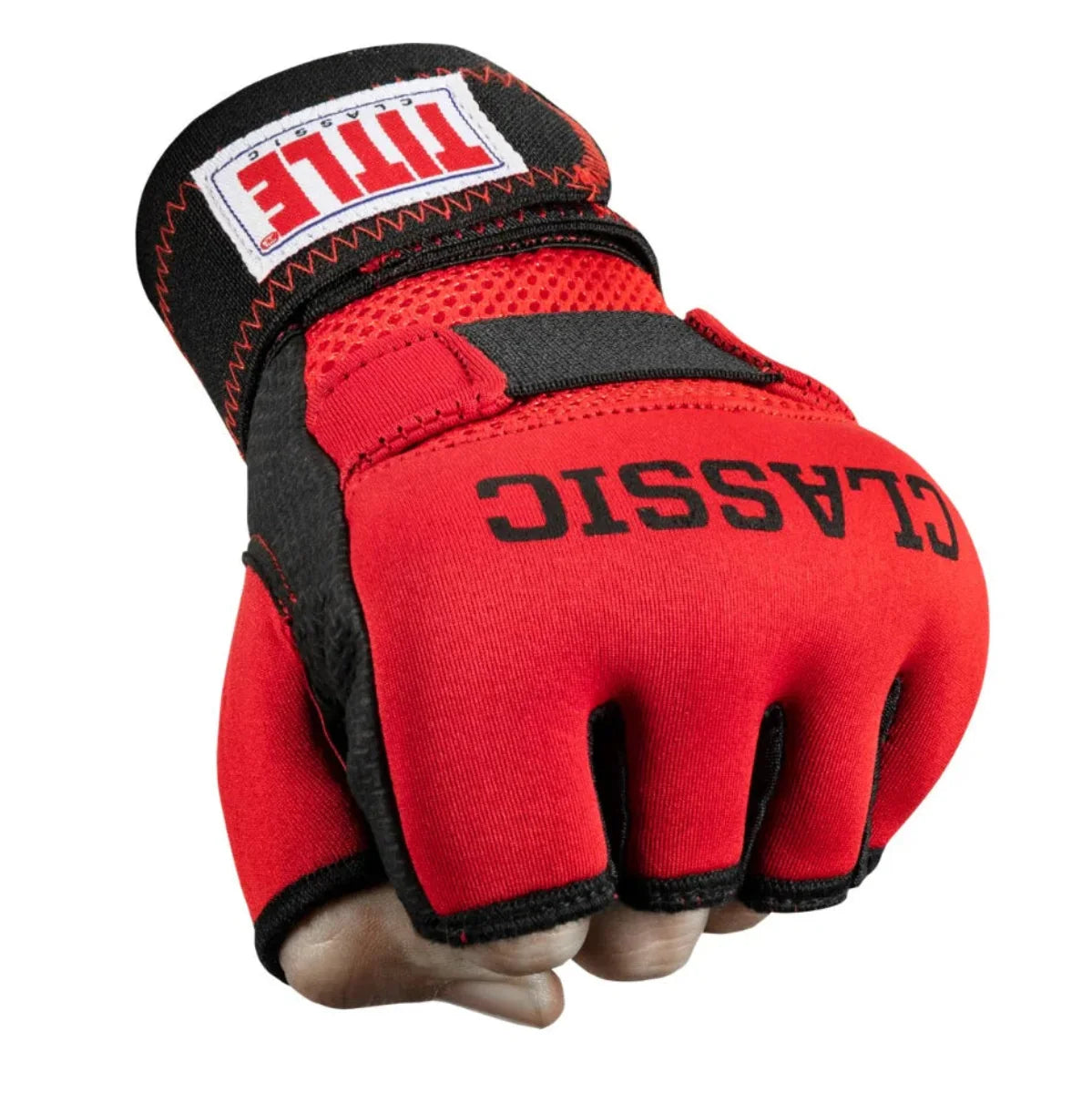 Red boxing glove with black text on a white background