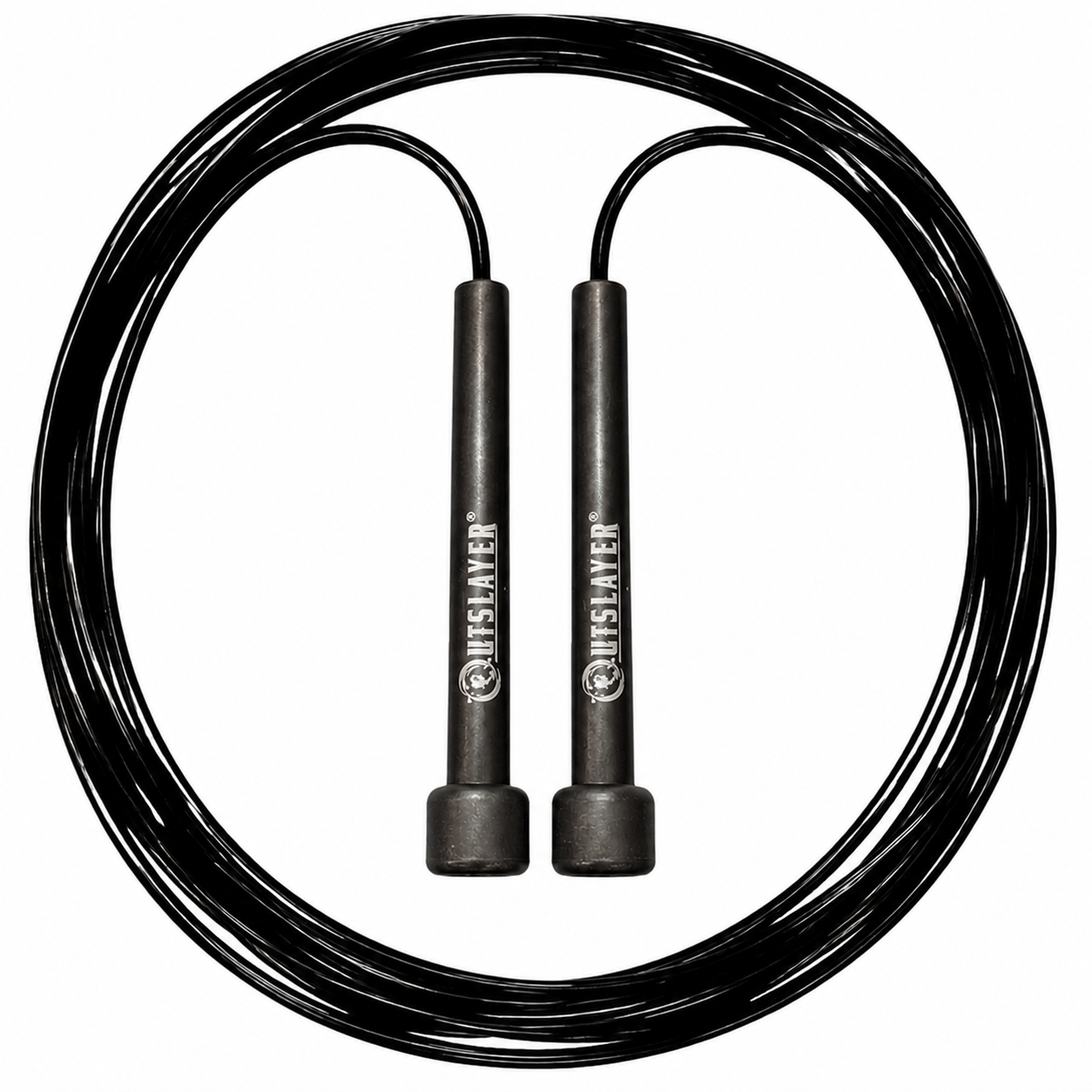 A coiled black jump rope with two black handles featuring the white printed 'OUTSLAYER' brand name, set against a solid white background.