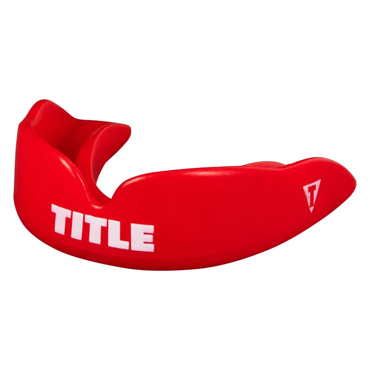 Red mouthguard with 'TITLE' branding on a white background