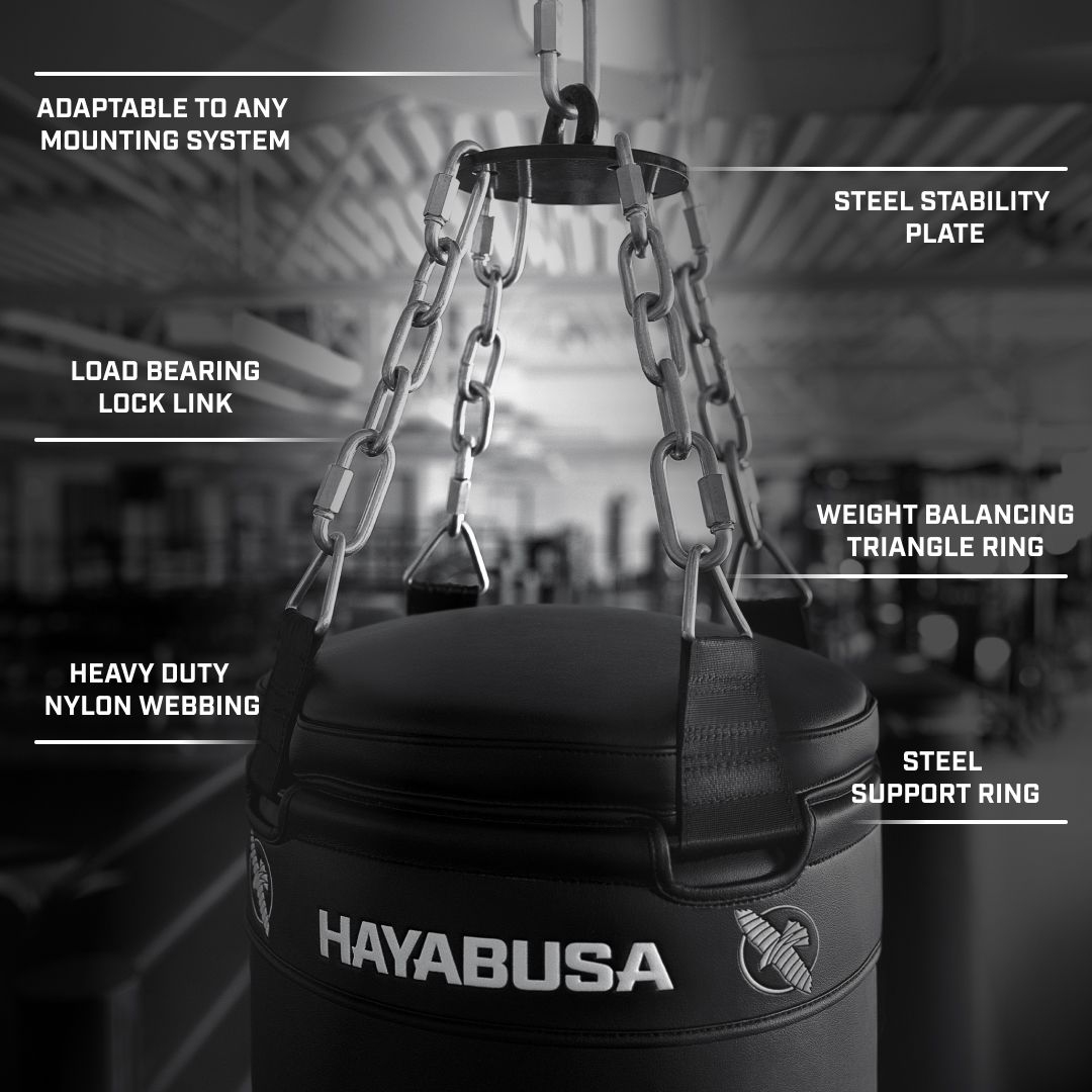 Hayabusa punching bag with features highlighted on a blurred gym background