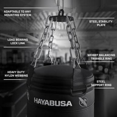 Hayabusa punching bag with features highlighted on a blurred gym background