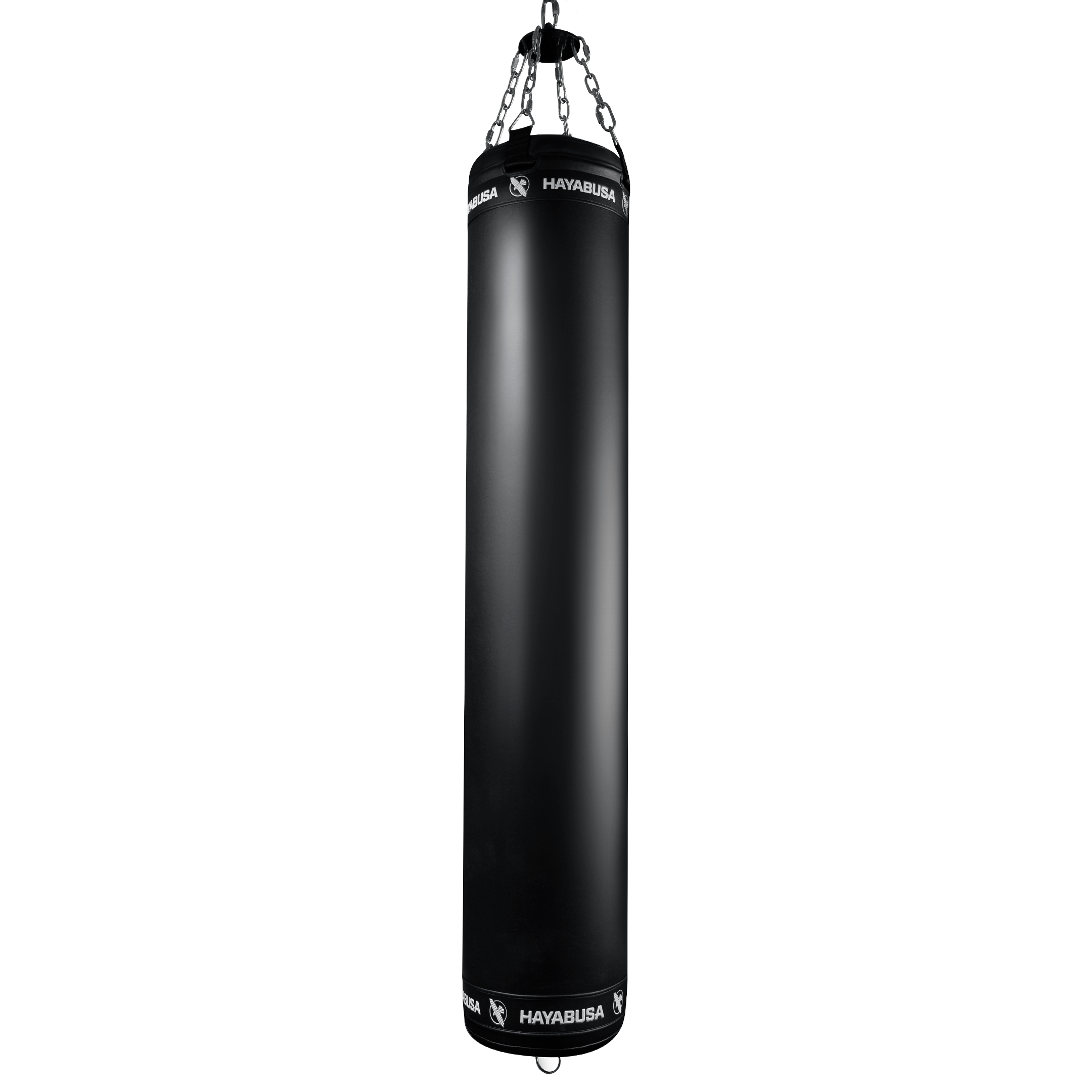 A black hanging heavy punching bag with white HAVABUSA branding near the top and bottom, suspended by chains against a plain white background.