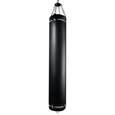 A black hanging heavy punching bag with white HAVABUSA branding near the top and bottom, suspended by chains against a plain white background.