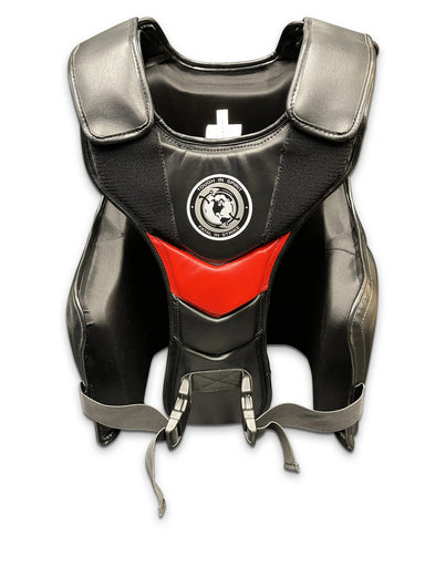 Black and gray protective vest with red accents on a white background