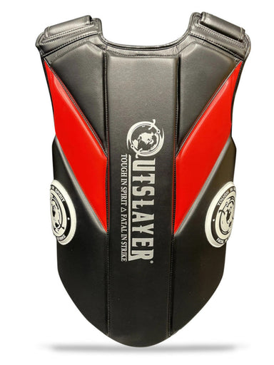 Black and red protective vest with 'Outslayer' branding on a white background