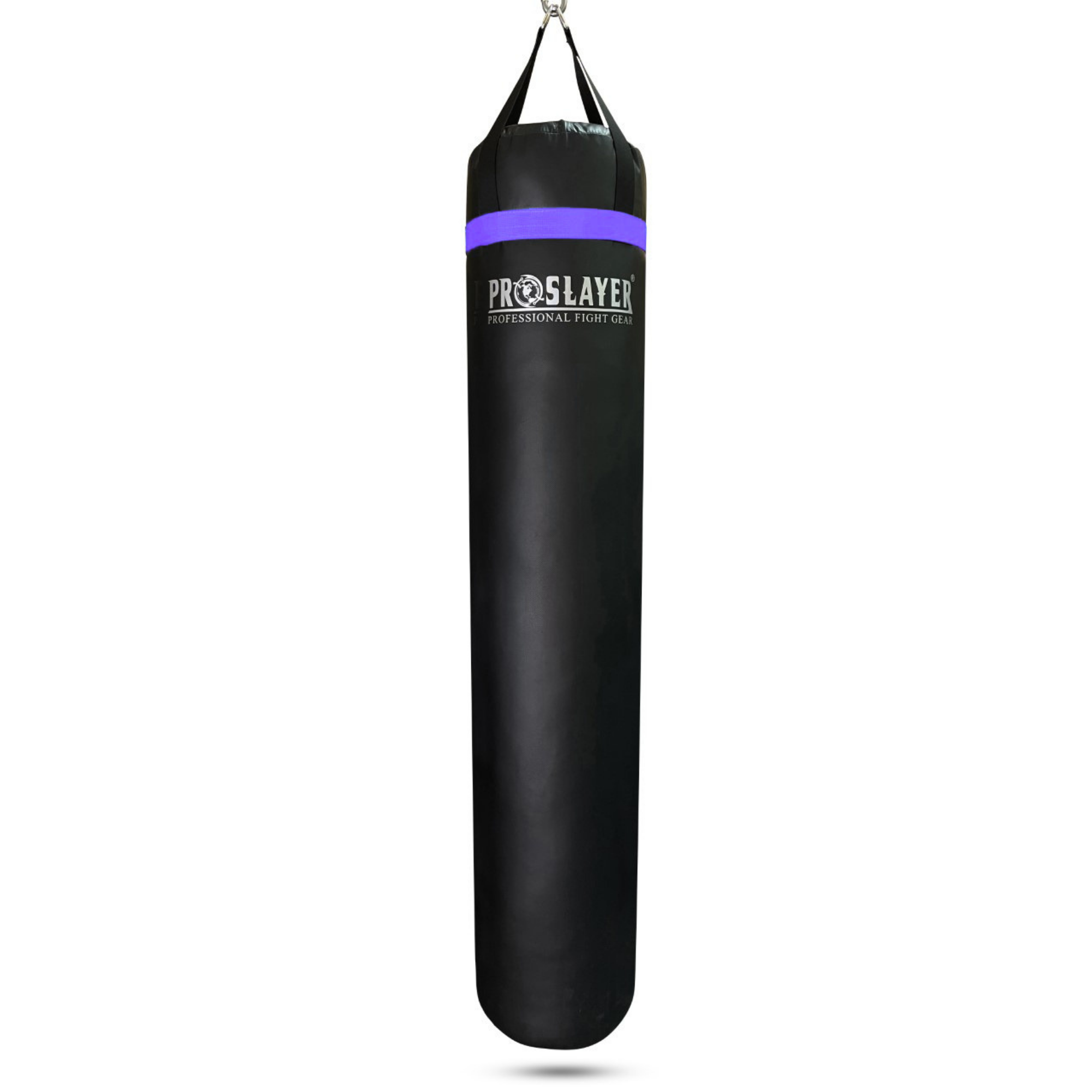 A black heavy punching bag with a purple band and white 'PROSLAYER' branding, suspended against a plain white background.