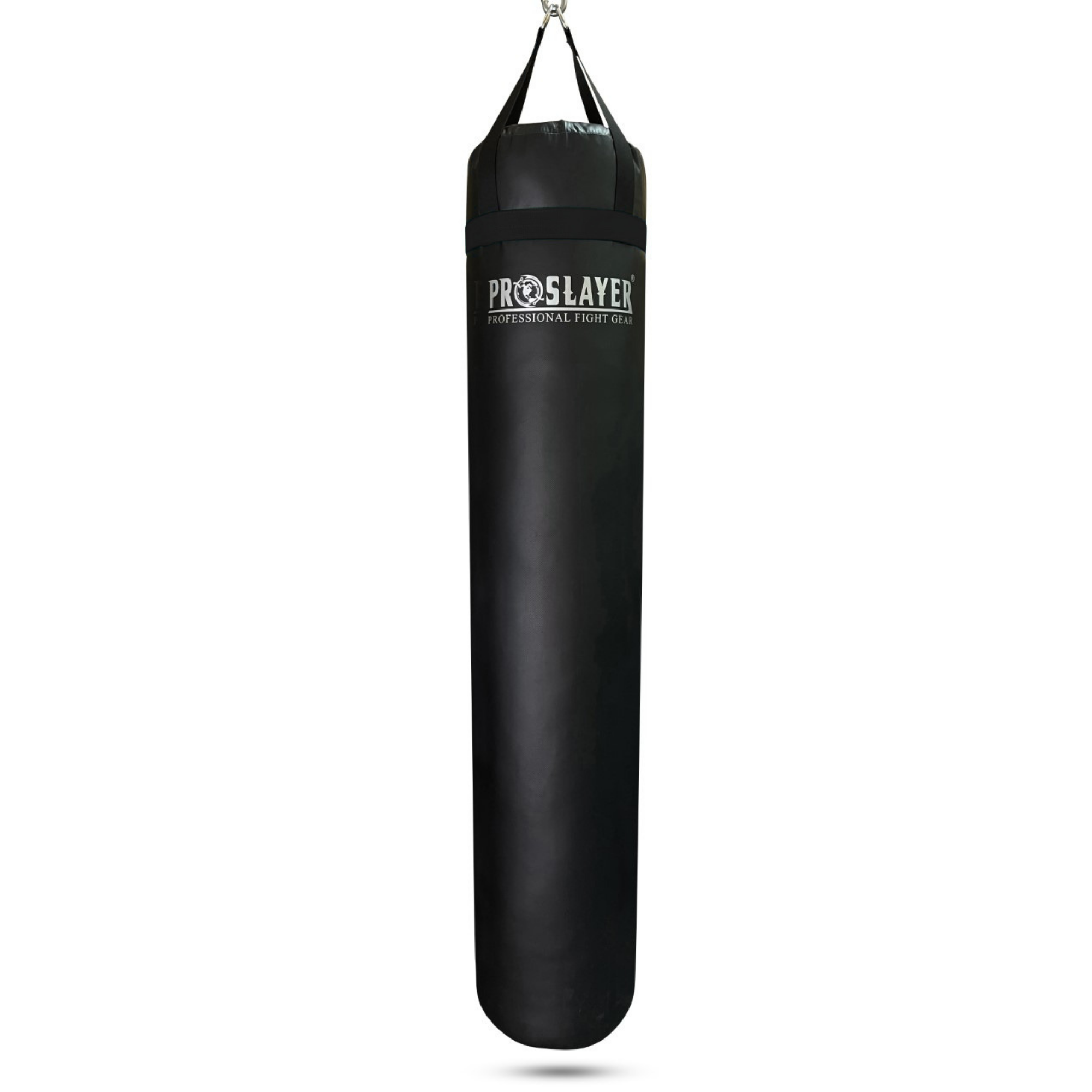 A black hanging heavy punching bag with a white 'PROSLAYER' logo printed on the front, suspended by a black strap against a plain white background.