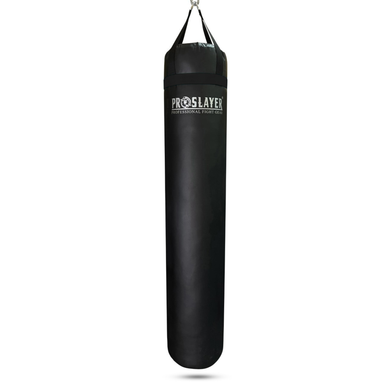 A black hanging heavy punching bag with a white 'PROSLAYER' logo printed on the front, suspended by a black strap against a plain white background.