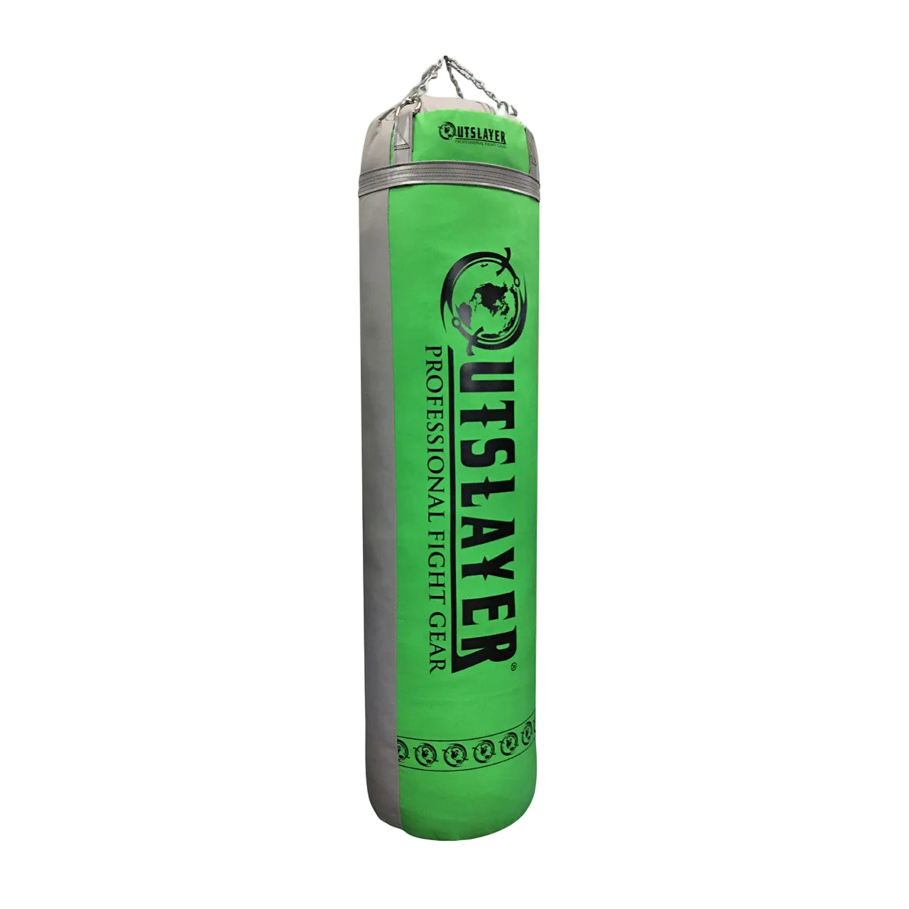 A green and silver hanging heavy punching bag with black 'OUTSLAYER' branding, shown on a light gray background with a faint world map graphic.