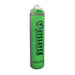 A green and silver hanging heavy punching bag with black 'OUTSLAYER' branding, shown on a light gray background with a faint world map graphic.
