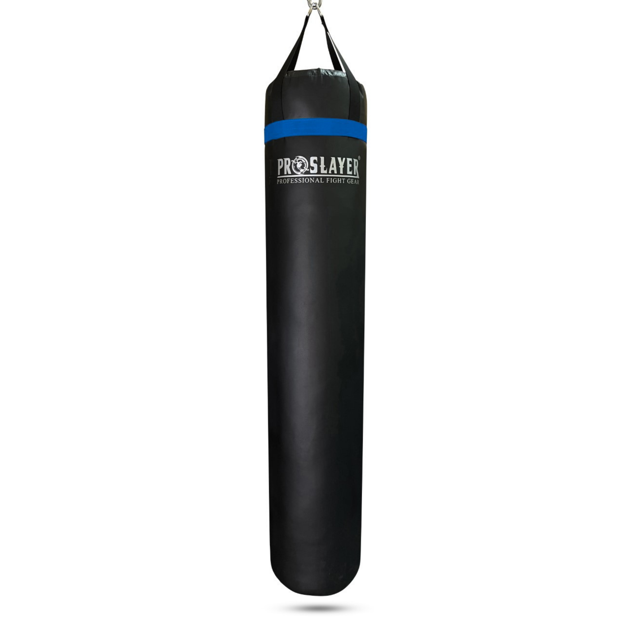 A black heavy punching bag with a blue stripe and white 'PROSLAYER' branding, suspended by a black hanging strap against a white background.