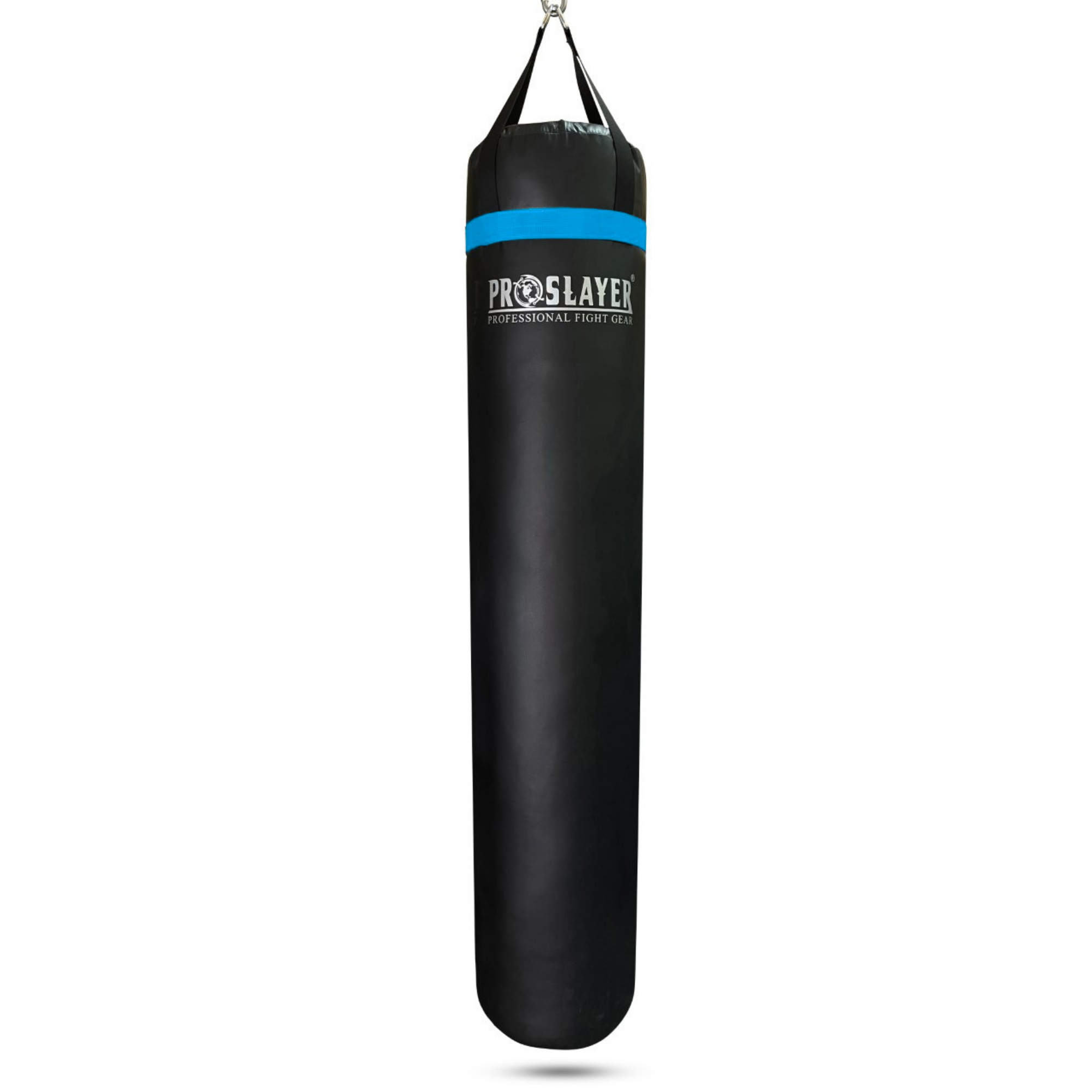A black hanging heavy punching bag with a blue accent band and the Proslayer brand logo printed in white, shown against a plain white background.