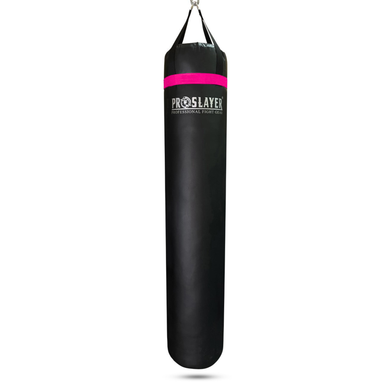 A black heavy punching bag with a bright pink band near the top and white 'PROSLAYER' branding, shown hanging against a plain white background.