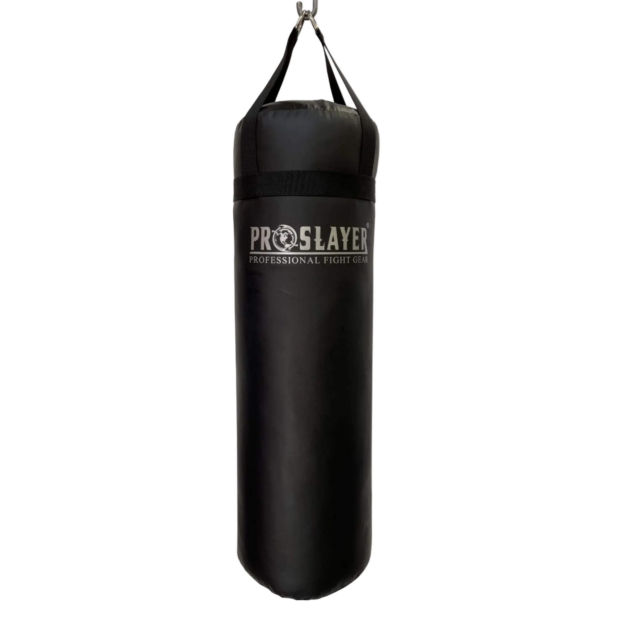 A black heavy punching bag with a silver metal hanging ring and straps, featuring the 'PROSLAYER' brand logo printed in white on the front, set against a plain white background.