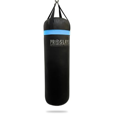 A black heavy punching bag with a blue accent band and the 'PROSLAYER' logo printed on the front, suspended by black straps against a white background.