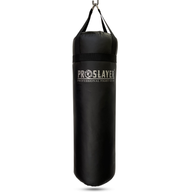 A black heavy punching bag with a silver metal hanging ring and straps, featuring the 'PROSLAYER' brand logo printed in white on the front, set against a plain white background.
