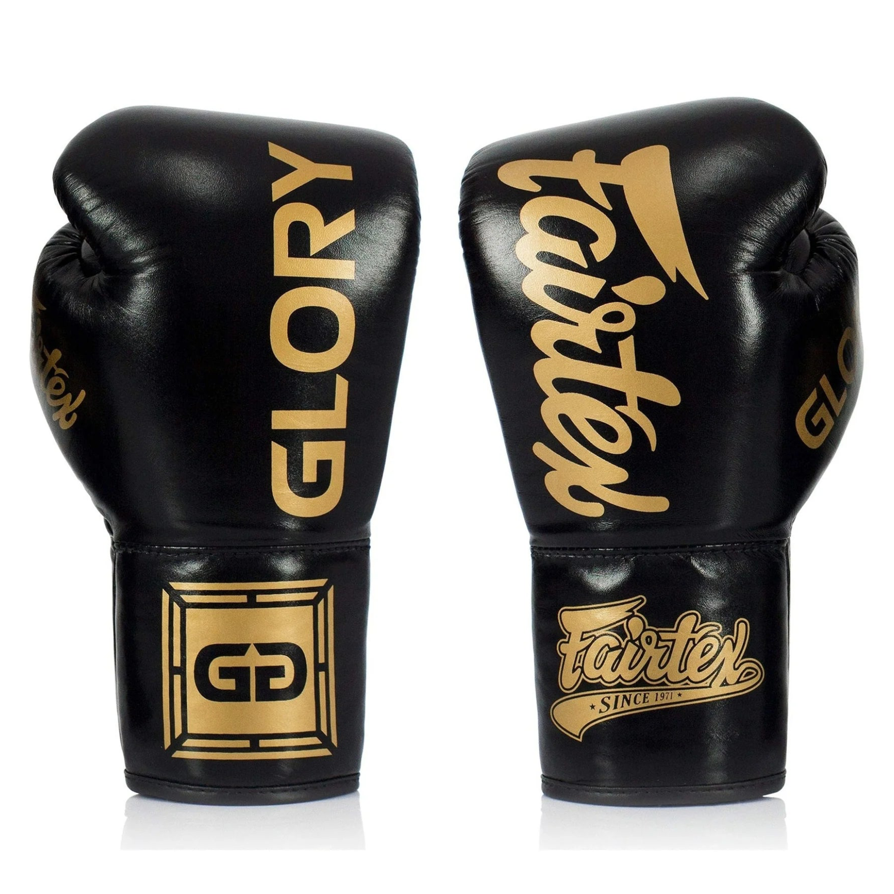 A pair of black Fairtel Glory boxing gloves with gold lettering, displayed side-by-side on a white background.