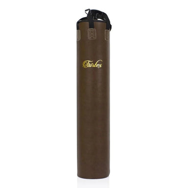 A brown faux-leather punching bag with a gold 'Fairtex' logo on the front, featuring a black hanging strap at the top, set against a plain white background.