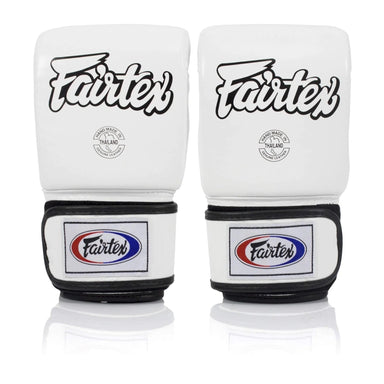 Pair of white boxing gloves with Fairtex branding on a white background