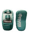 Two teal green martial arts kicking pads with white and black branding, displayed side-by-side on a dark brown surface.