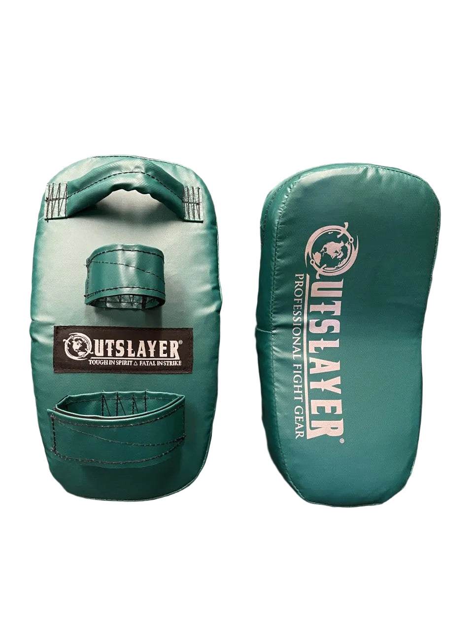 Two teal green martial arts kicking pads with white and black branding, displayed side-by-side on a dark brown surface.