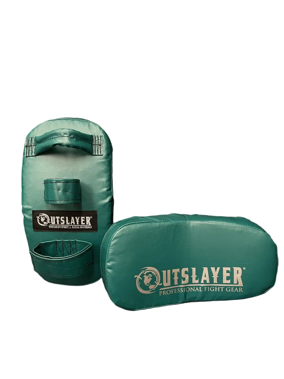 A teal green Outslayer professional fight gear training pad and its matching carrying case, displayed on a dark gray background.