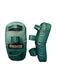 A pair of teal martial arts striking pads shown on a dark studio background, with one pad facing forward displaying the Outslayer brand patch and the other showing the side profile.