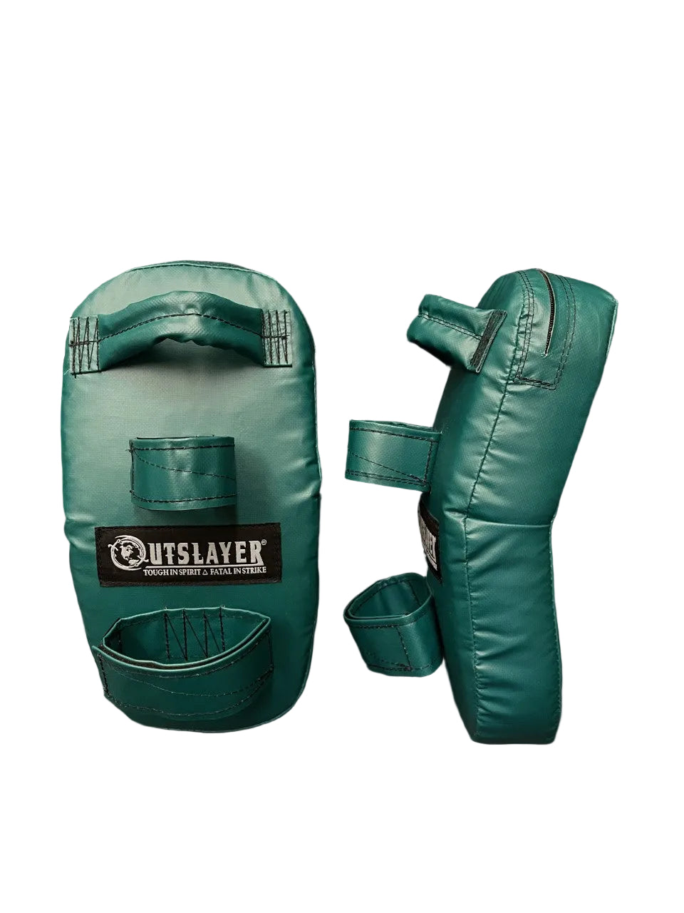 A pair of teal martial arts striking pads shown on a dark studio background, with one pad facing forward displaying the Outslayer brand patch and the other showing the side profile.