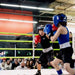 Two boxers in a boxing ring with spectators watching.
