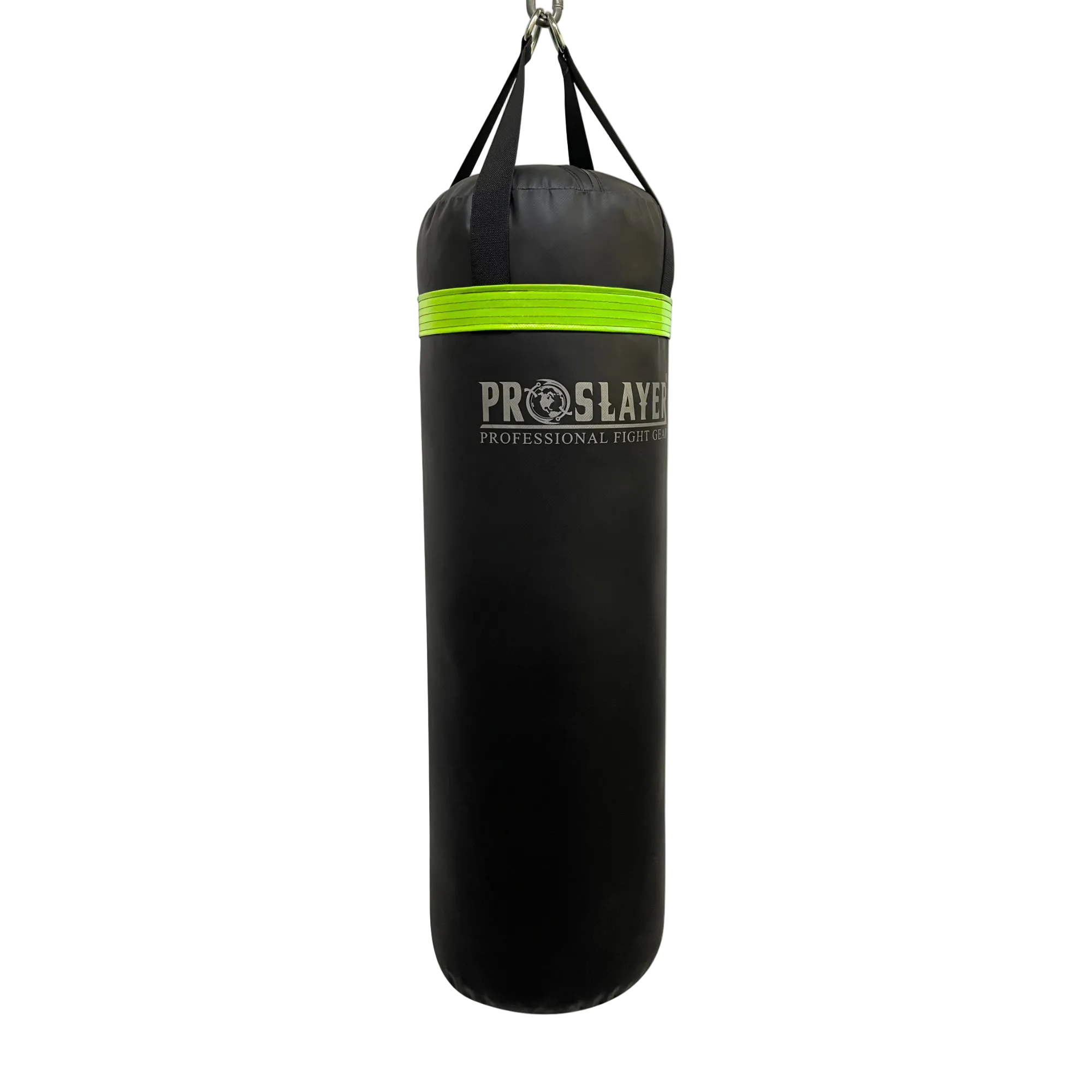 A black heavy punching bag with a bright lime green band and the 'PROSLAYER' logo printed on the front, suspended by black straps against a white background.