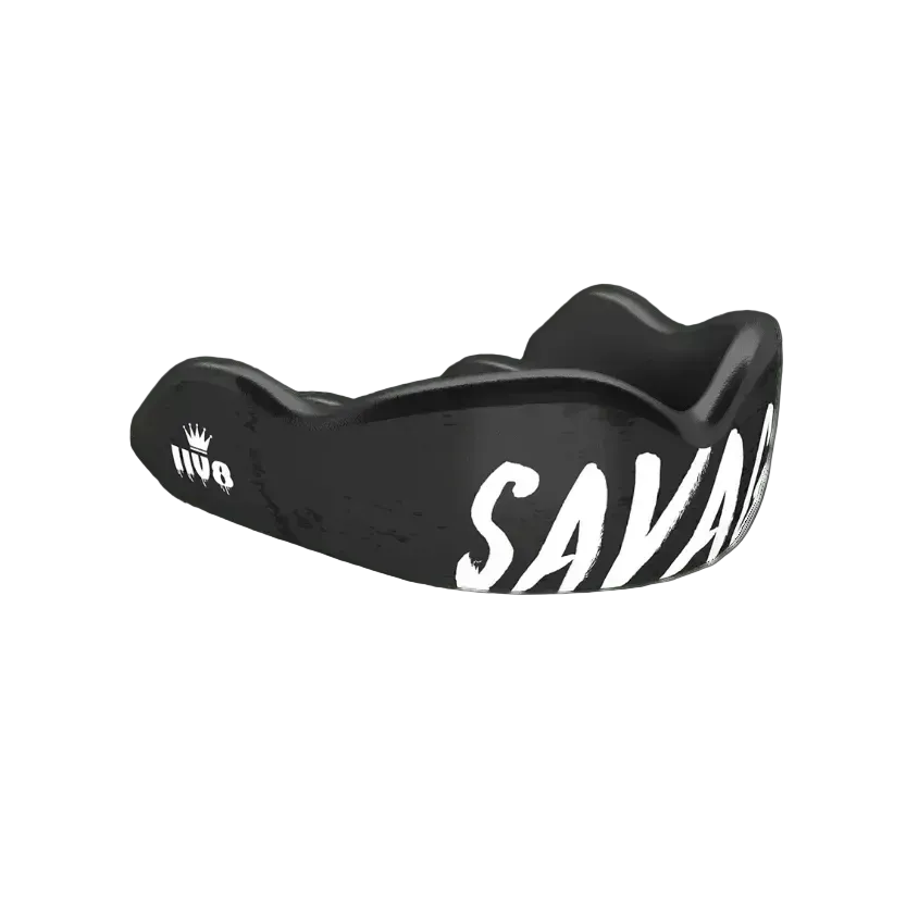 Black mouthguard with 'Savage' branding on a white background