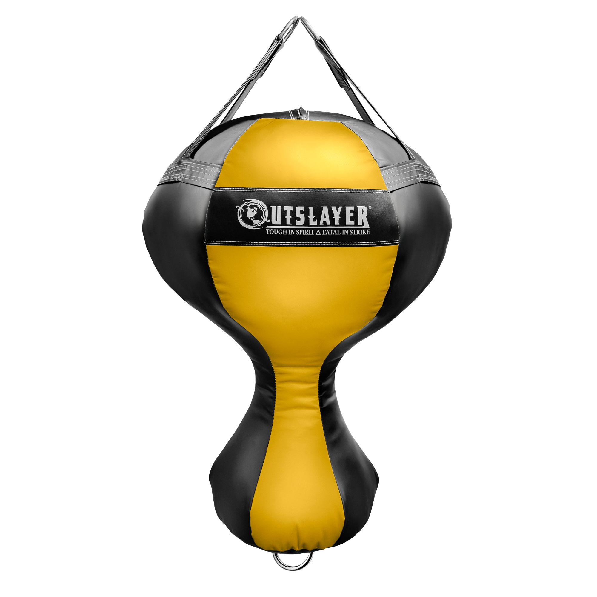 A yellow and black Outslayer tension ball training weight hanging from a metal frame, shown against a solid white background.