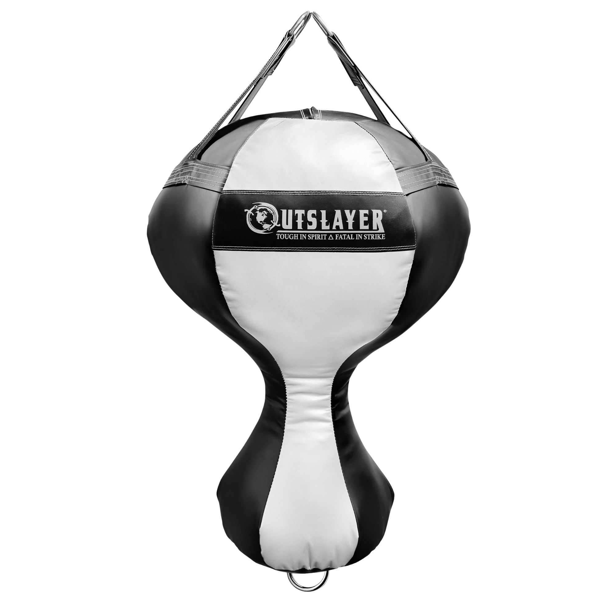 A black and white Outslayer heavy punch training bag with a black logo band on the front, suspended by straps against a white background.