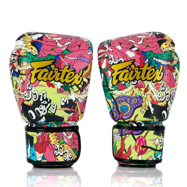 Colorful boxing gloves with 'Fairtex' branding on a white background