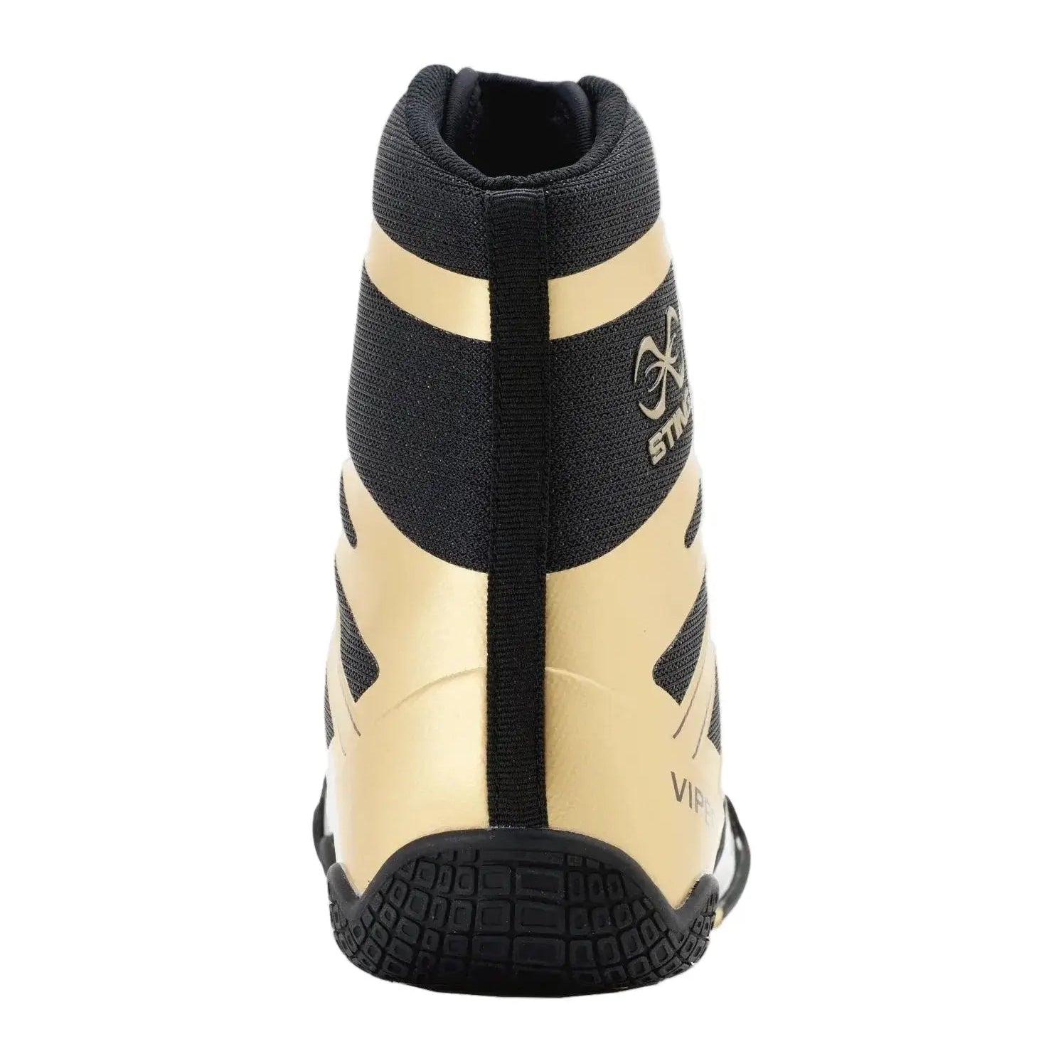 Back view of black and gold Sting Viper X boxing shoe