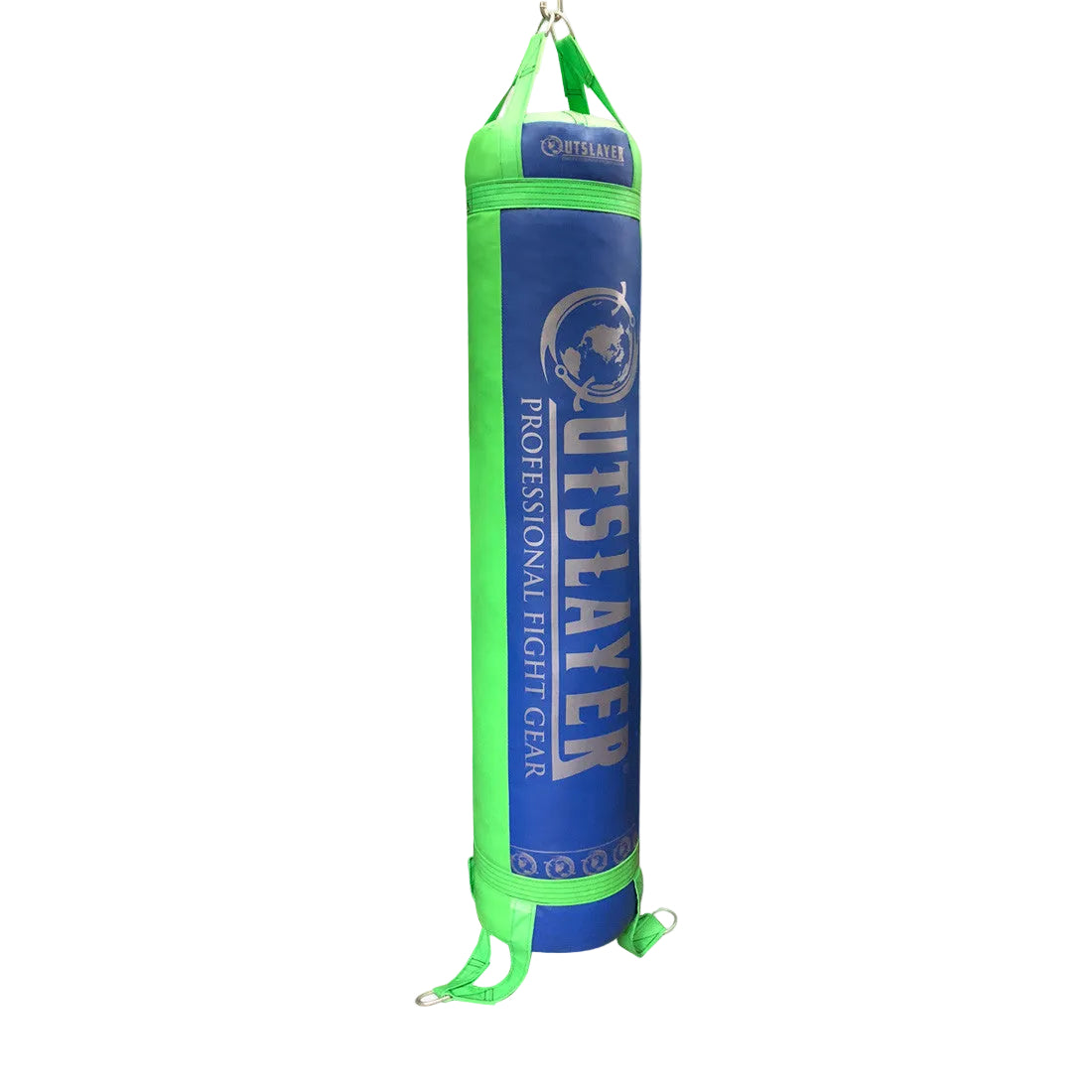 A blue and green heavy punching bag with 'OUTSLAYER' branding, shown hanging against a light gray background with a faint martial arts silhouette.