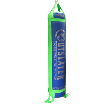 A blue and green heavy punching bag with 'OUTSLAYER' branding, shown hanging against a light gray background with a faint martial arts silhouette.