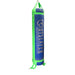 A blue and green heavy punching bag with 'OUTSLAYER' branding, shown hanging against a light gray background with a faint martial arts silhouette.