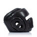 Black leather boxing headgear with a protective ear cup and cheek guard, shown from a side profile on a white background with a soft reflection.