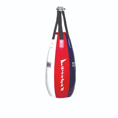A heavy punching bag with a red, white, and navy blue color scheme, featuring the brand name 'Tai Fal' printed vertically in white script on the red side panel.