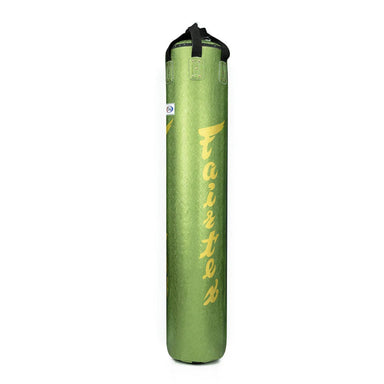 Green punching bag with yellow text on a white background