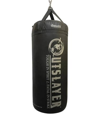Black punching bag with 'Outslayer' branding on a white background