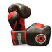 Pair of black and red boxing gloves with a visible brand logo on a white background