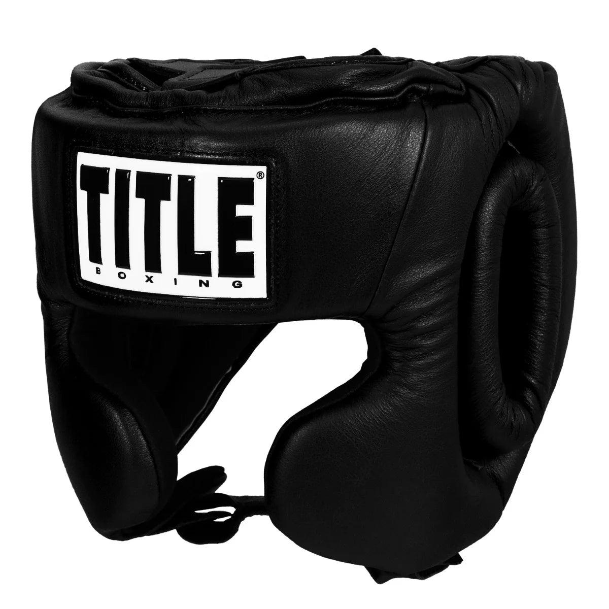 Title Boxing black leather competition headgear with cheek and ear protection