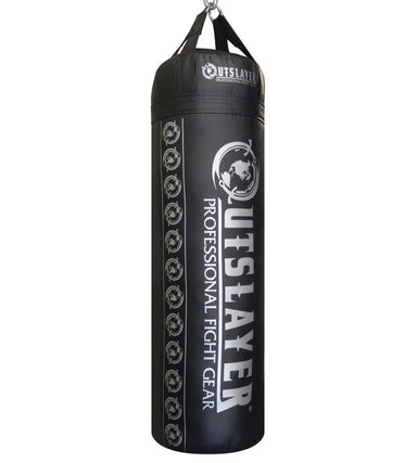 A black heavy punching bag with white printed branding and text, hanging against a plain white background.