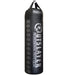 A black heavy punching bag with white printed branding and text, hanging against a plain white background.