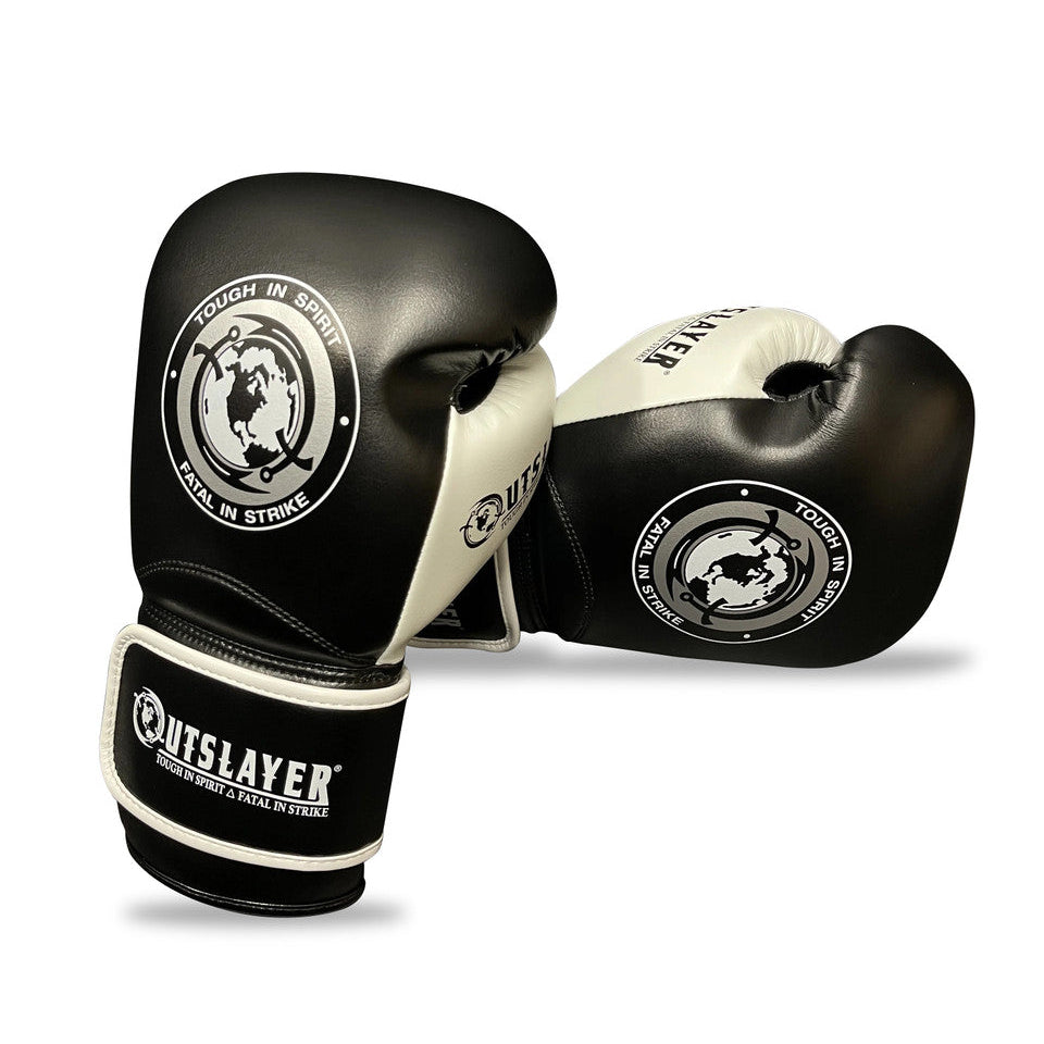 Black and white boxing gloves with visible branding on a white background