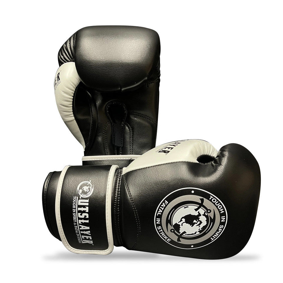Black and white boxing gloves with a brand logo on a white background