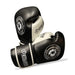 Pair of black and white boxing gloves with visible branding on a white background