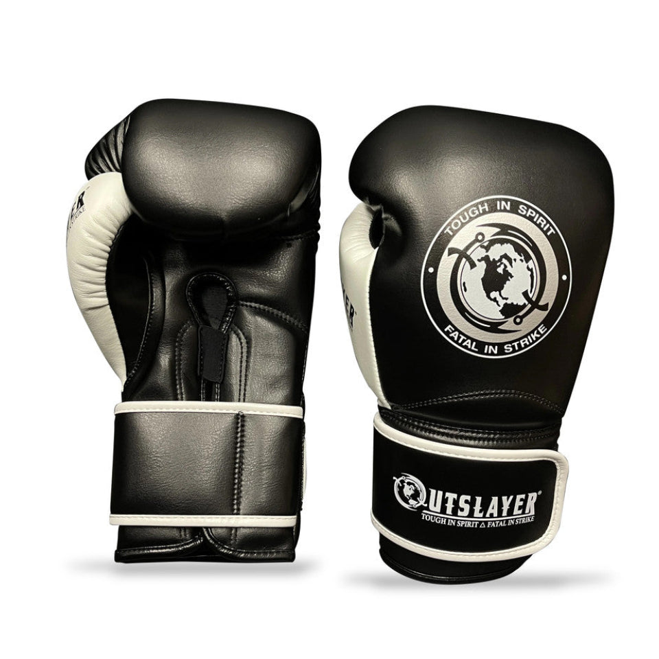 Black and white boxing gloves with 'Outslayer' branding on a white background